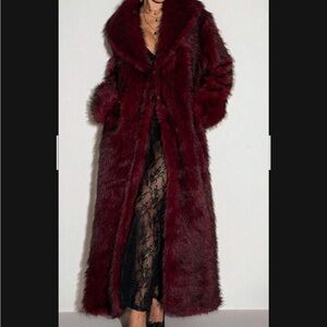 Luxurious Burgundy Faux Fur Coat